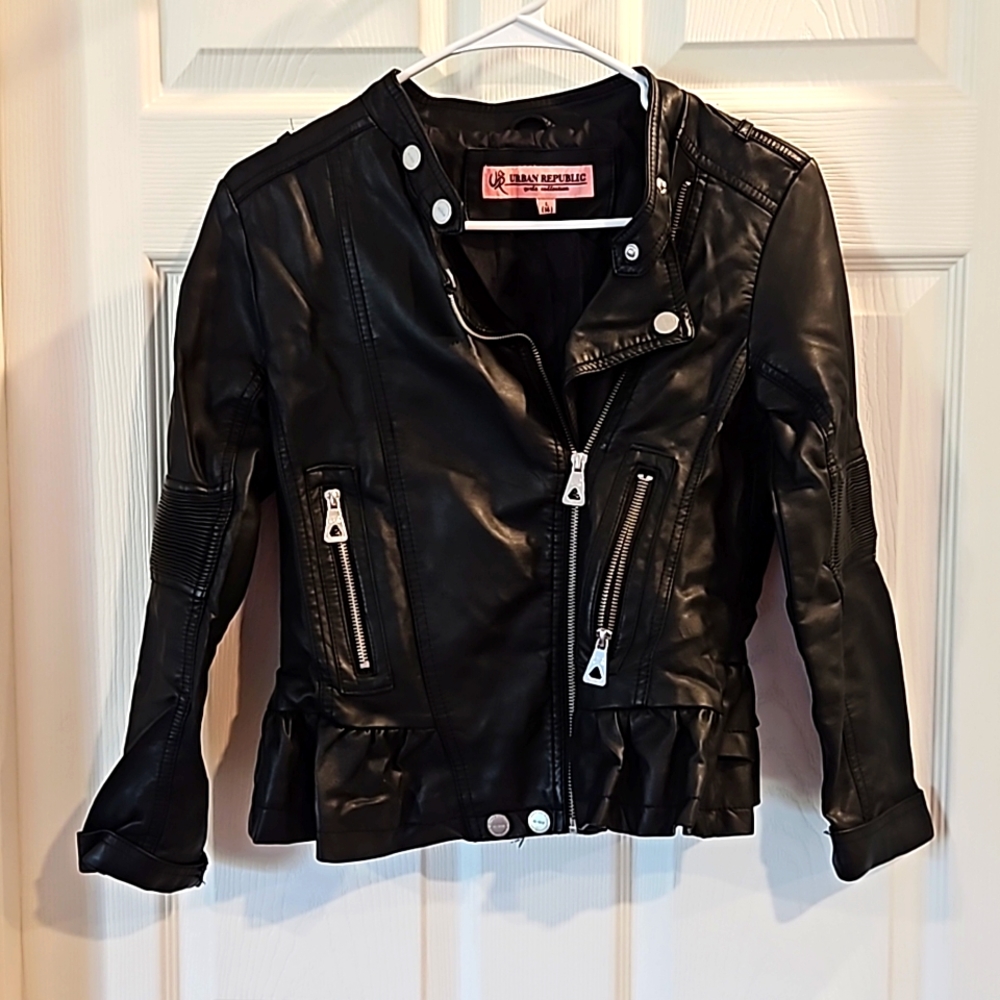 Urban Republic Girl's Faux Leather Moto Jacket with Ruffled Bottom, Black